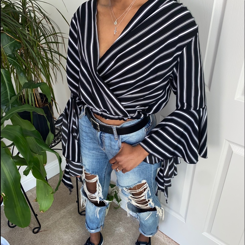 Deep V-Neck Blouse w/ Flowy Sleeves